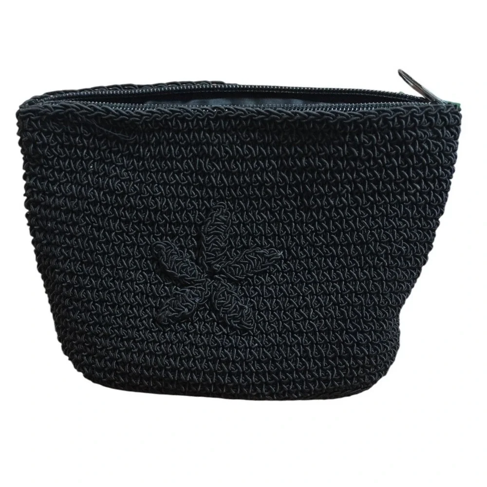 Vintage black shining macrame hand woven zipper pouch black with daisy 7x5x2
